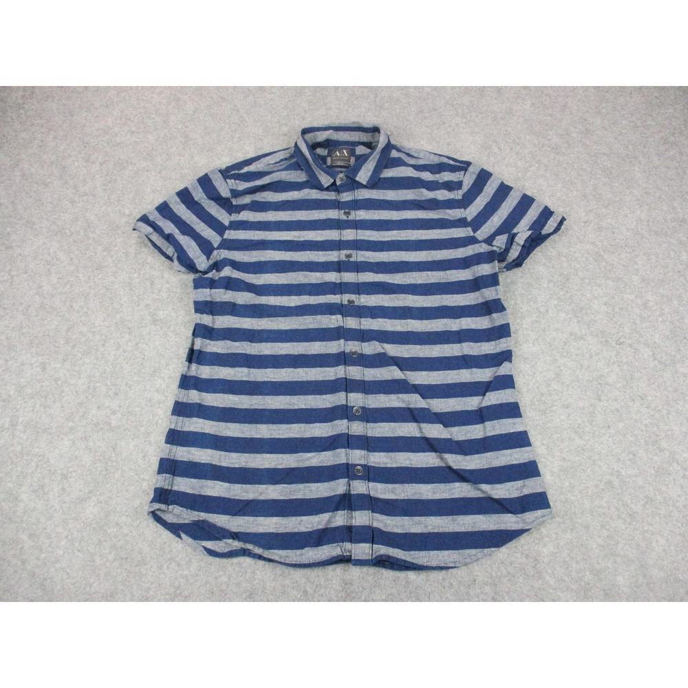 Armani Exchange Shirt Mens Large Blue Gray Linen Blend Striped Button Up Slim